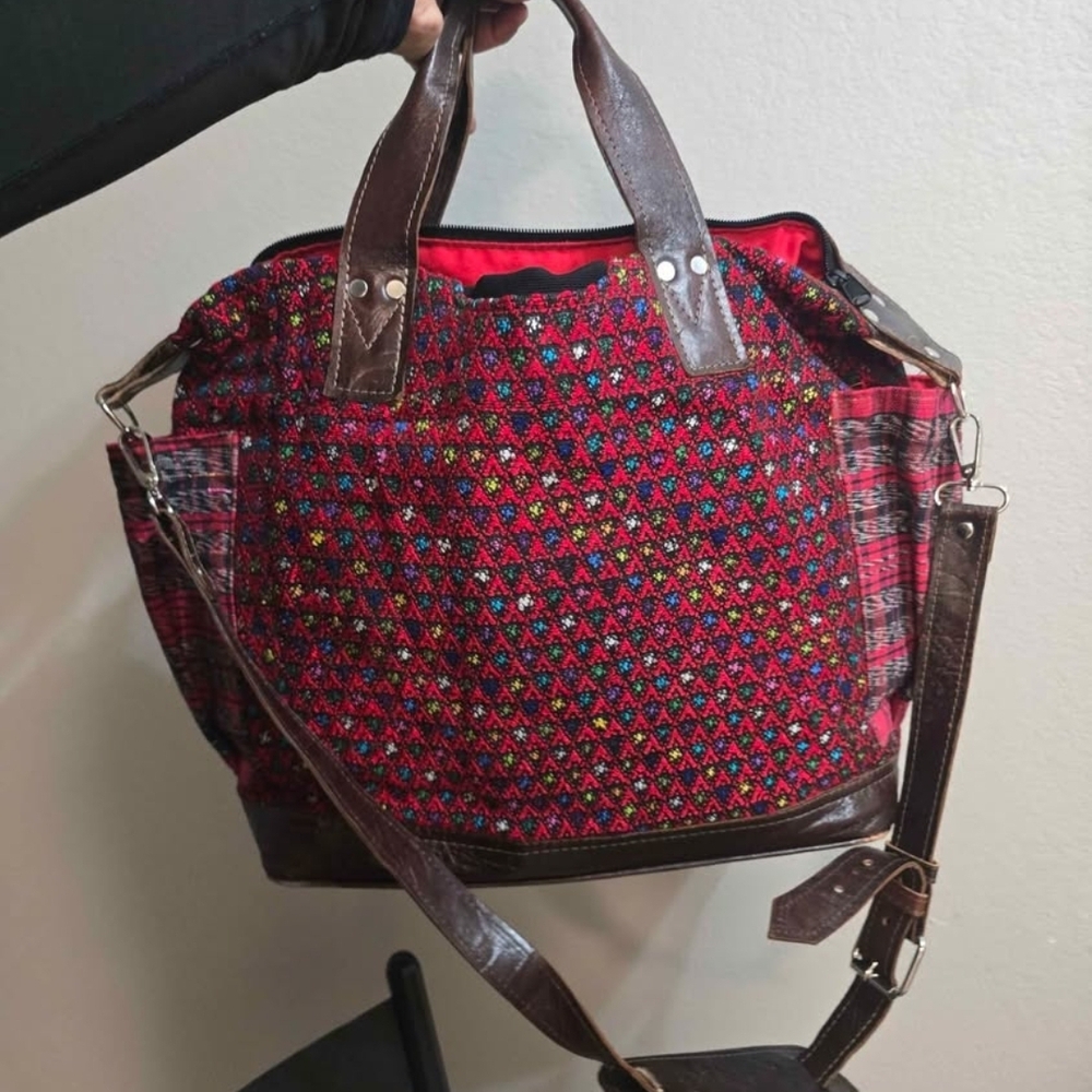 Nena & Co. Red Multicolor Handwoven Tote with Brown Leather Trim